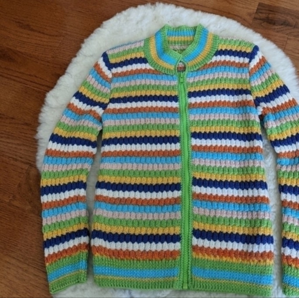 Vintage women's xs handmade knit multi colored striped zippered cardigan sweater